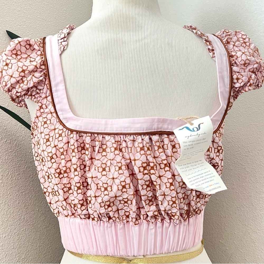 Nwt My Beachy Side Top Cropped Sweet Tart Cap Sleeve Light Pink Eyelet Milkmaid — image 5 of 7